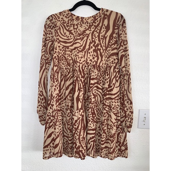 AFRM Mini Babydoll Dress Animal Print‎ Long Sleeve Bronze Tan Small S - Picture 3 of 8